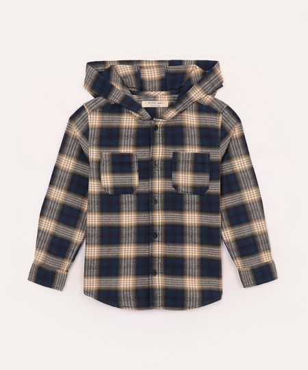 camisa xadrez infantil de algodão com capuz bege 4