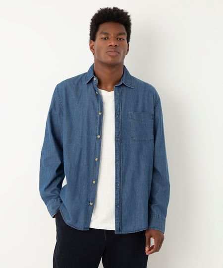 camisa jeans comfort manga longa azul escuro M
