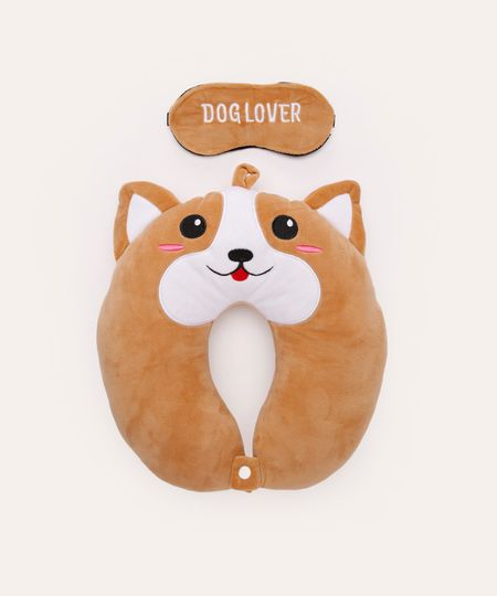 apoio de pescoço com máscara de dormir cachorro corgi marrom UNICO