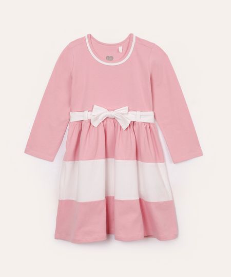 vestido de algodão manga longa infantil com laço rosa 2