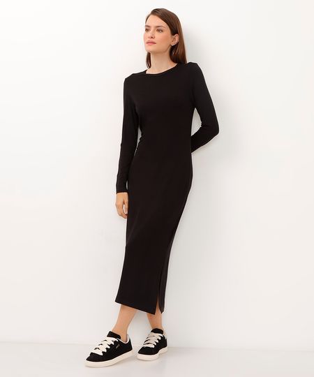 vestido de viscose manga longa com fenda preto PP