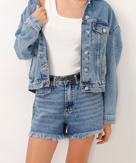 short jeans curto cintura super alta com brilhos azul 34