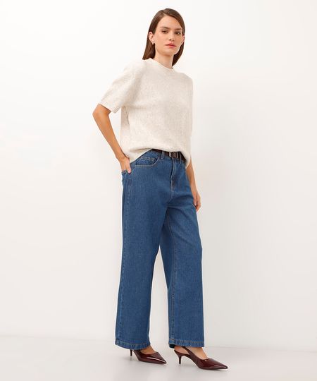 calça jeans wide leg cropped com cinto azul 36