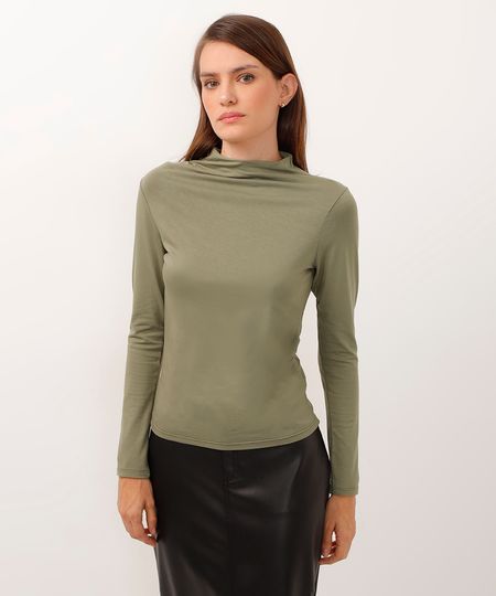 blusa de viscose gola alta e franzido verde militar P blusa de viscose gola alta e franzido verde militar P