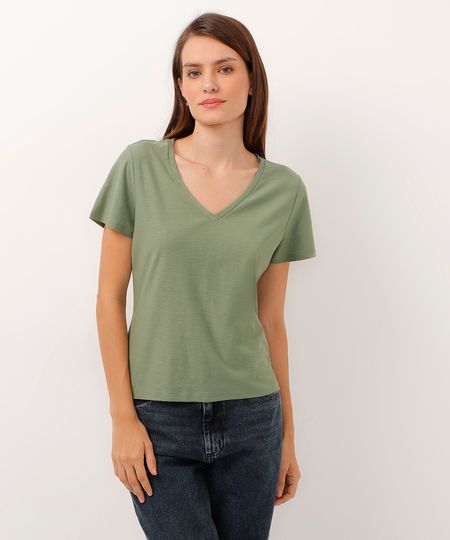 blusa básica manga curta decote v verde PP