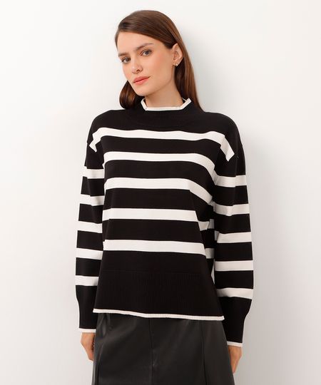 suéter de tricot gola alta listrado preto P