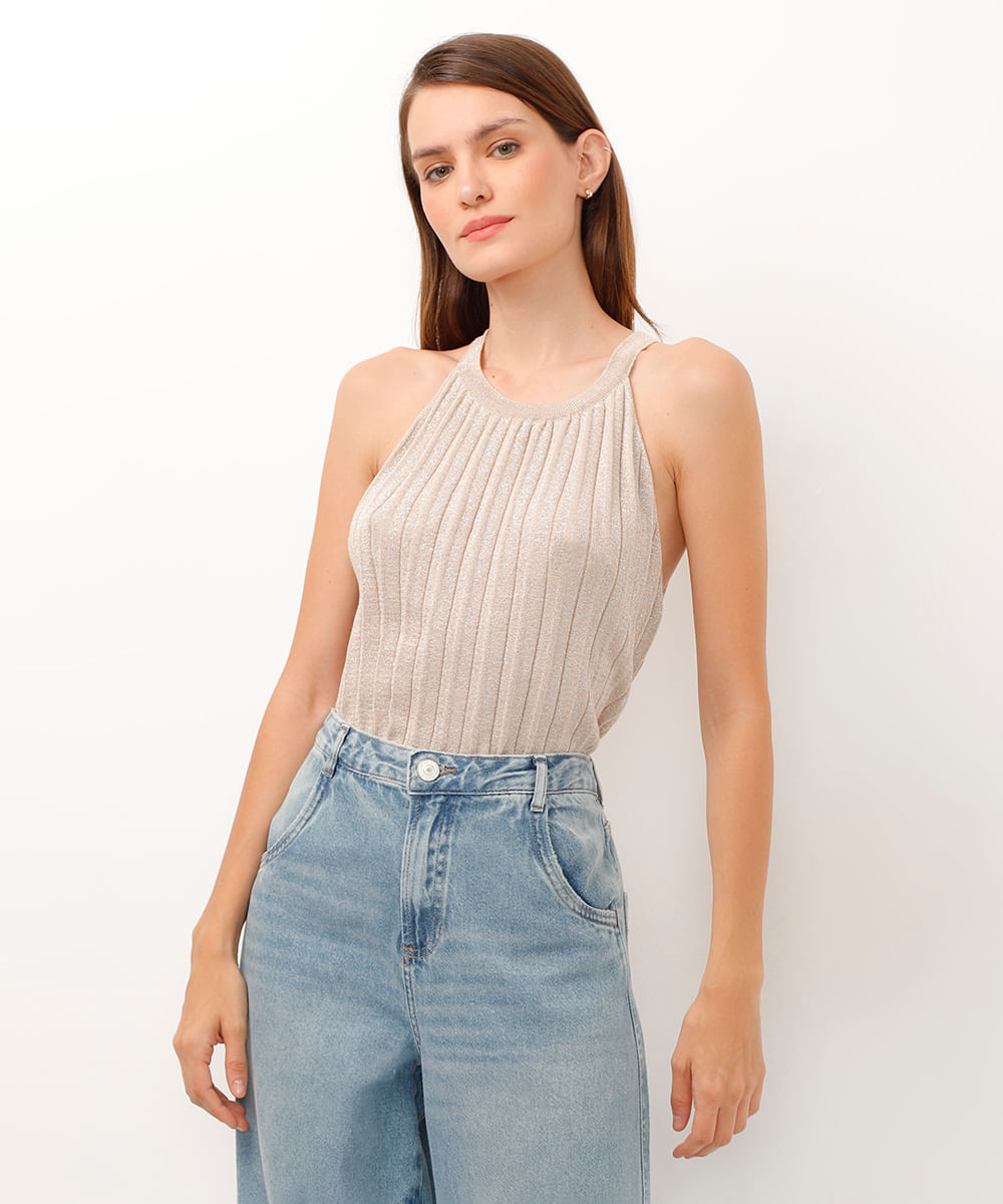 regata cavada em tricot plissado bege