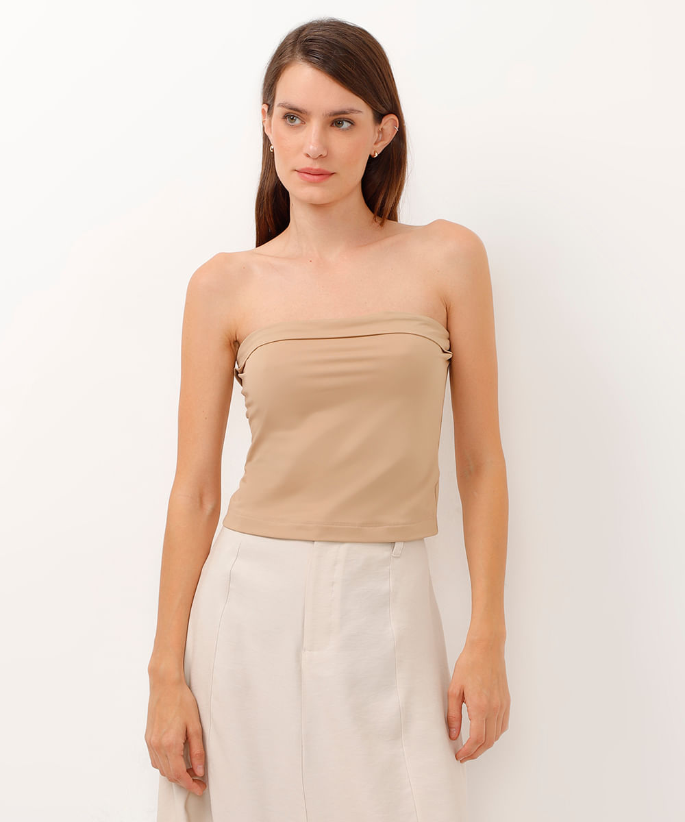 blusa cropped sem alça bege