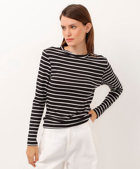 blusa de viscose manga longa listrada preta P