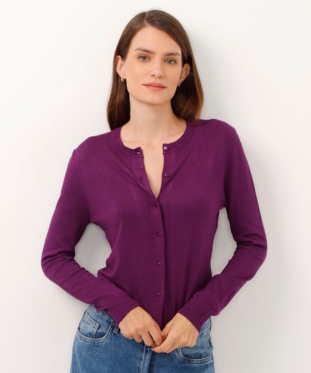 cardigan de tricot decote redondo roxo P cardigan de tricot decote redondo roxo P