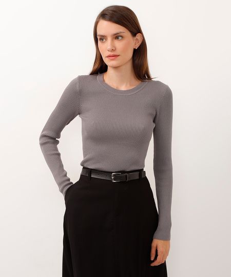 blusa alongada de tricot canelado cinza G