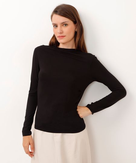 blusa de viscose gola alta e franzido preta M