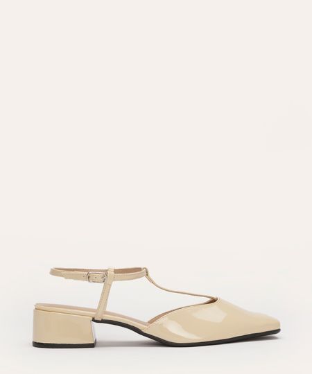 scarpin em verniz salto baixo bico quadrado oneself bege 36
