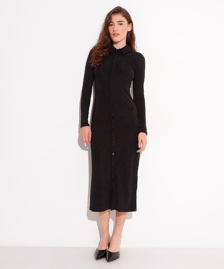 vestido chemise midi manga longa mindset preto GG vestido chemise midi manga longa mindset preto GG