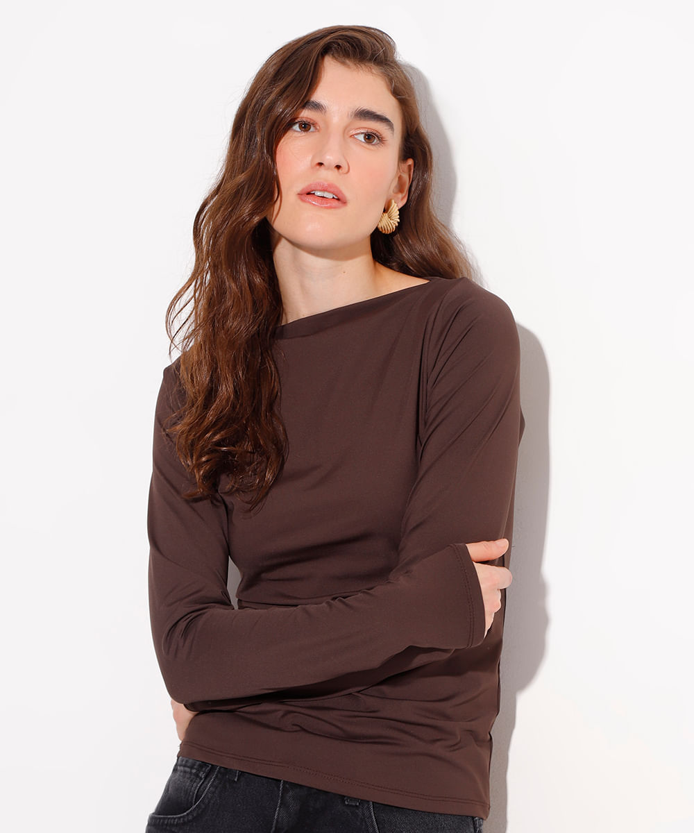 blusa manga longa decote canoa mindset marrom
