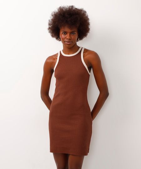 vestido de algodão curto halterneck bicolor marrom M vestido de algodão curto halterneck bicolor marrom M