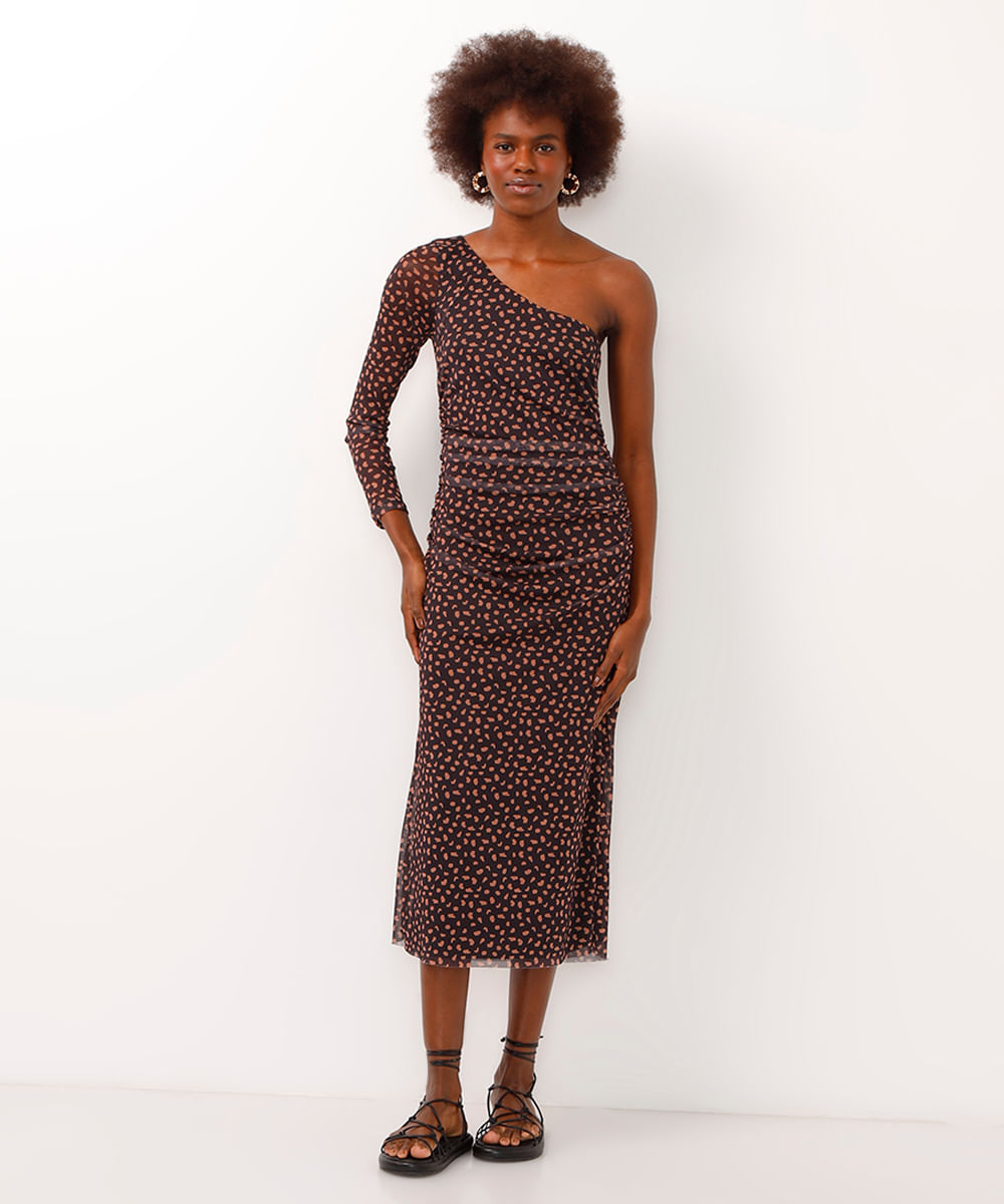vestido de tule ombro único animal print preto