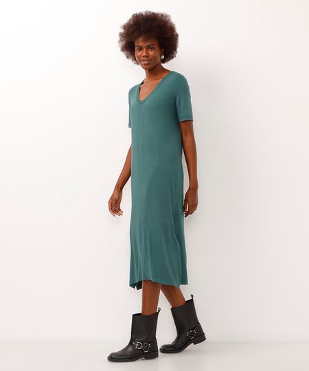 vestido midi básico de viscose decote v verde P