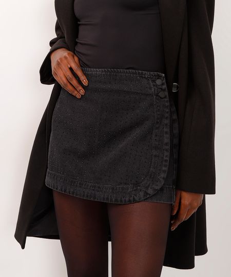 short saia jeans cintura super alta com brilhos preto 34