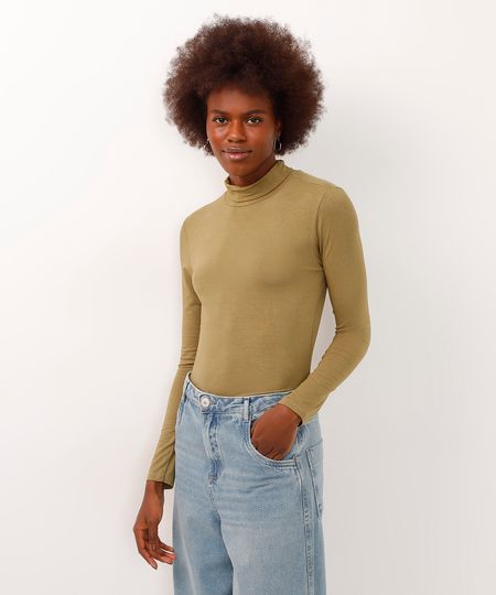 blusa básica manga longa gola alta verde PP