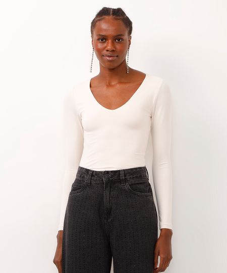 blusa cropped decote v manga longa bege GG
