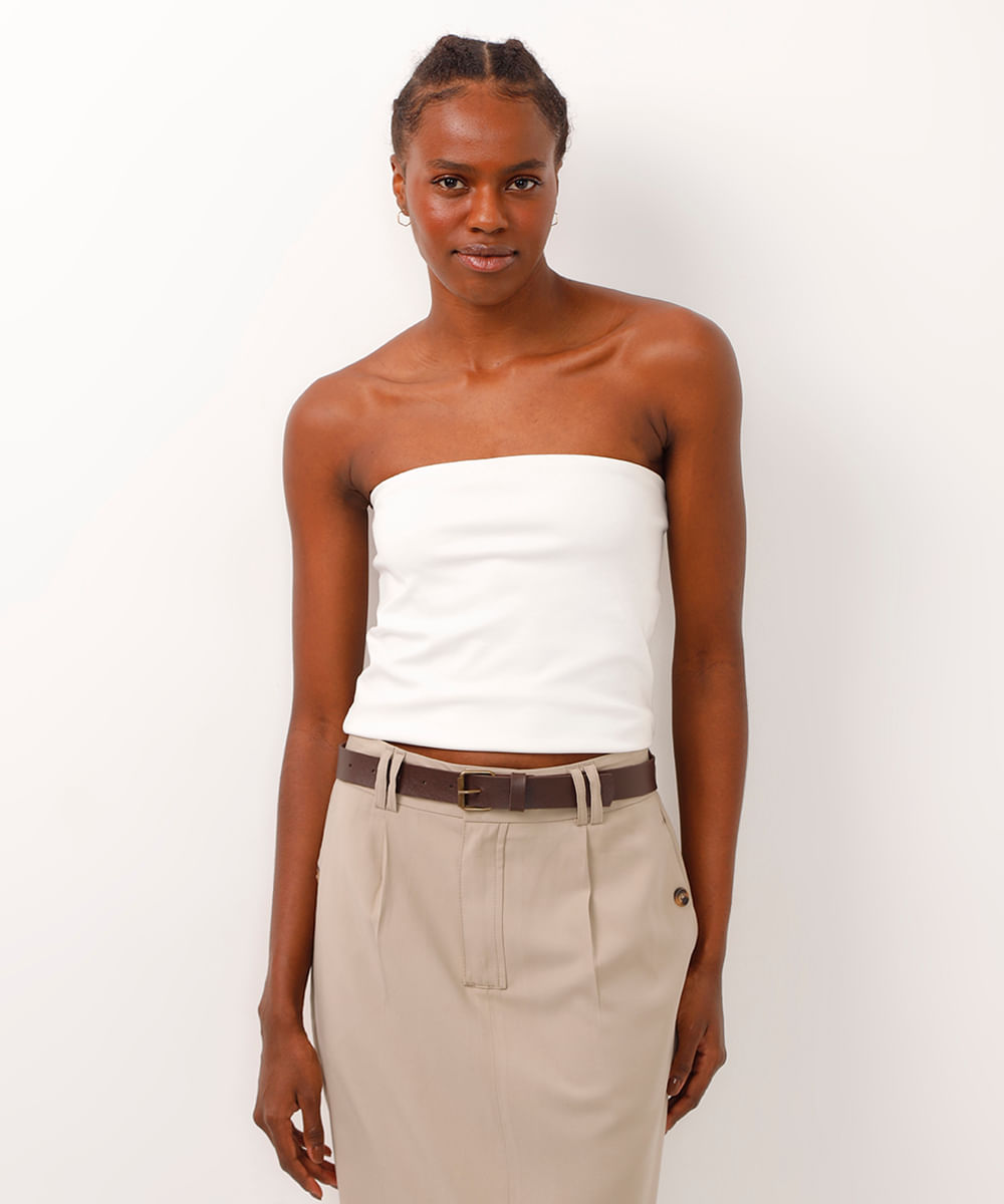 blusa decote reto sem alça com zíper off white