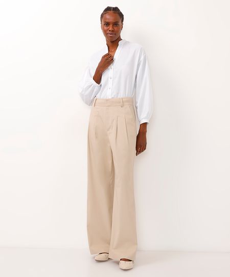 calça de afaiataria wide leg com pregas bege 36