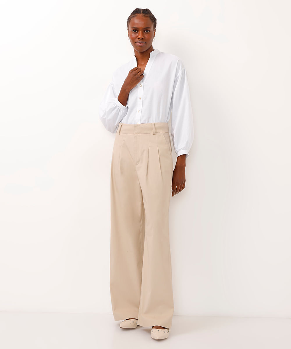 calça de afaiataria wide leg com pregas bege