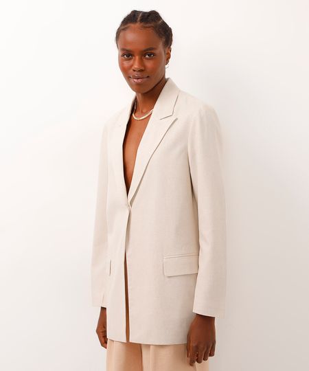 blazer alongado com linho manga longa cru PP