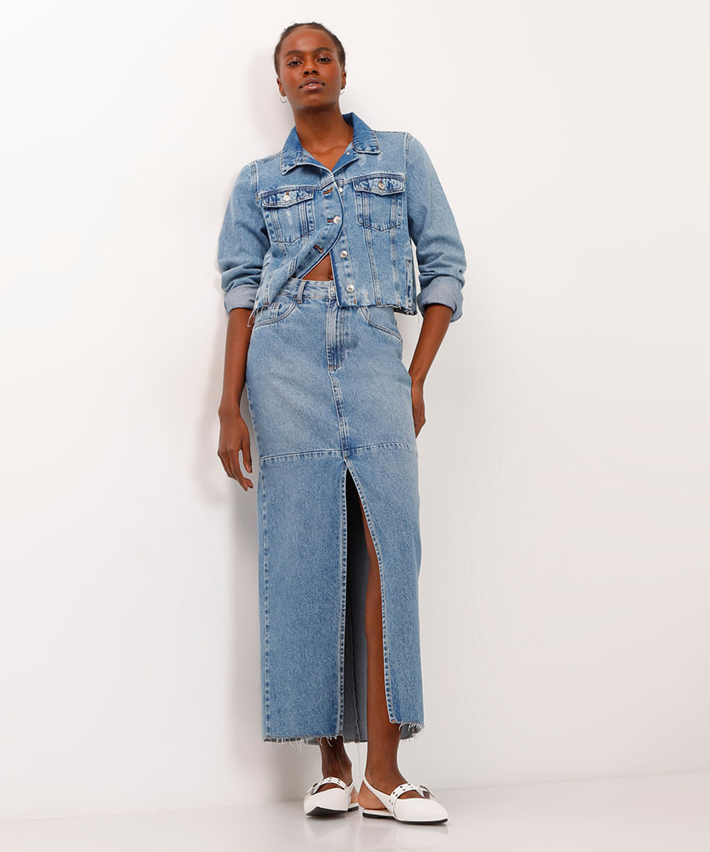 saia jeans midi com fenda azul
