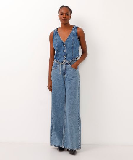 calça jeans wide leg cintura alta com cinto azul 40
