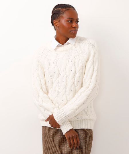 suéter de tricot com brilhos off white M