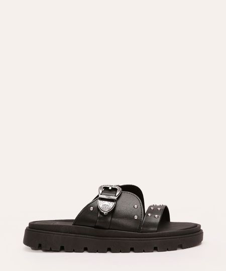 rasteira flatform moleca com tachas e fivela preto 34