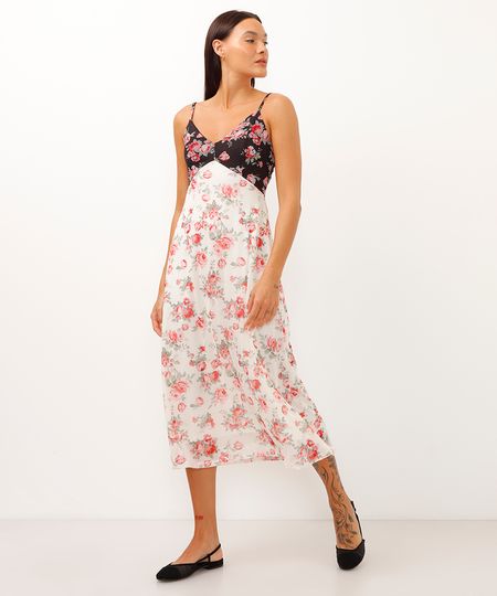 vestido midi de tule bicolor floral off white M