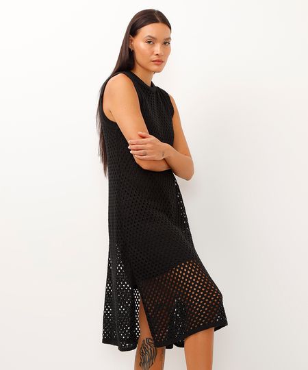 vestido midi de tricot tela com lurex preto PP