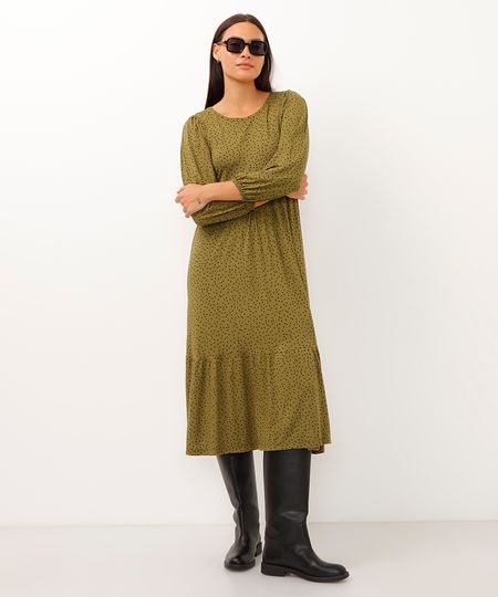 vestido midi de viscose manga bufante poá verde militar PP