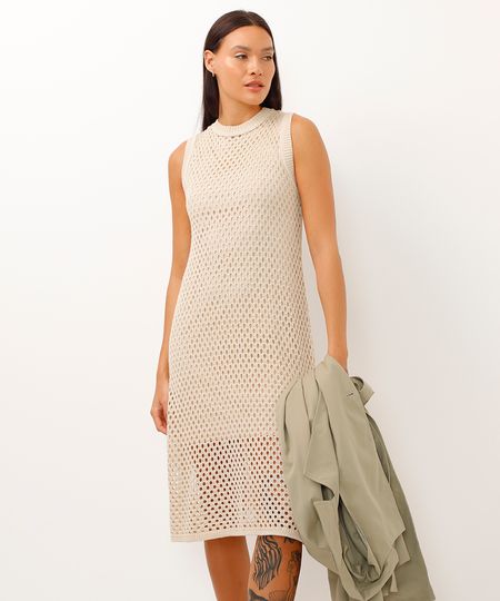 vestido midi de tricot tela com lurex bege P