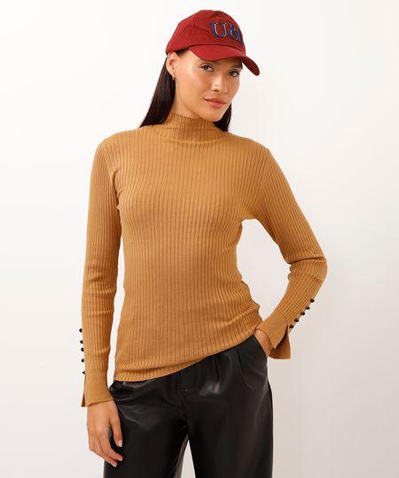 blusa de tricot gola alta com botões bege M