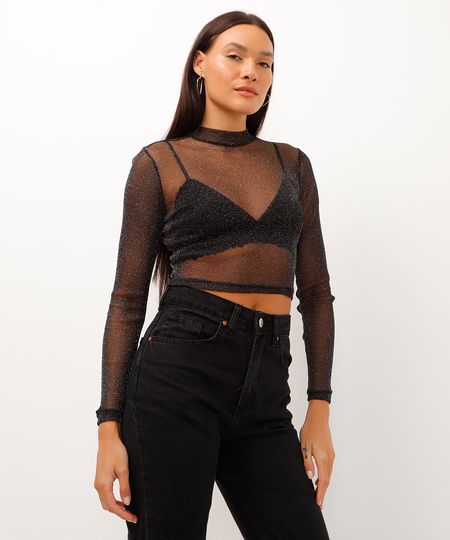 blusa cropped gola alta com brilho preta PP