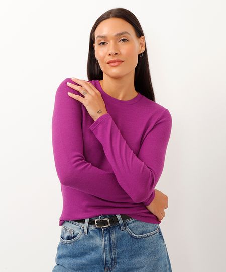 suéter básico de tricô decote redondo azul pastel - roxo uva PP