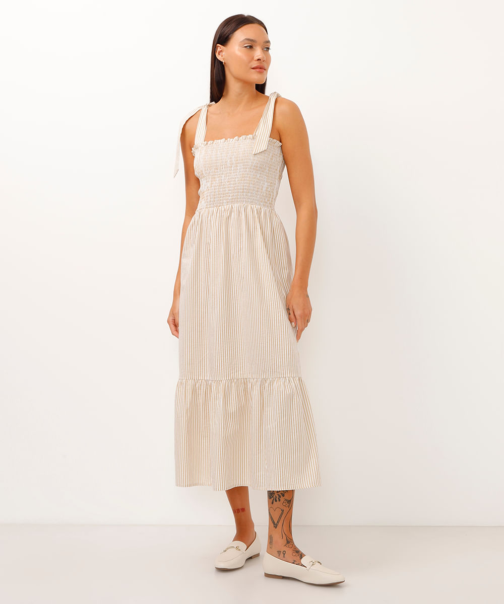 vestido midi alça com laço listrado bege