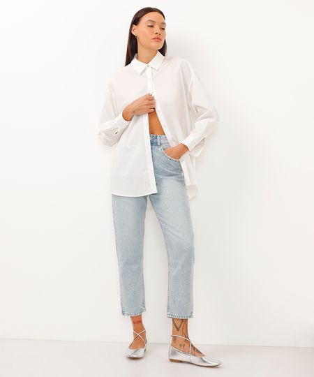 calça jeans mom cintura super alta com brilhos azul 38