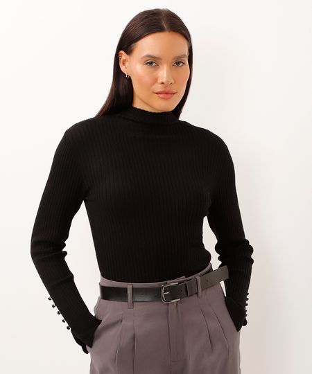 blusa de tricot gola alta com botões preta PP