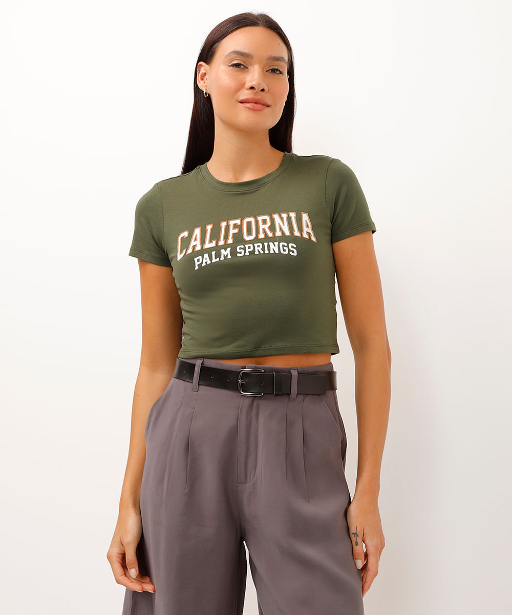 camiseta de algodão cropped california verde militar