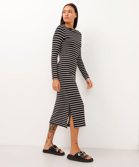 vestido de viscose midi com fenda listrado - preto PP