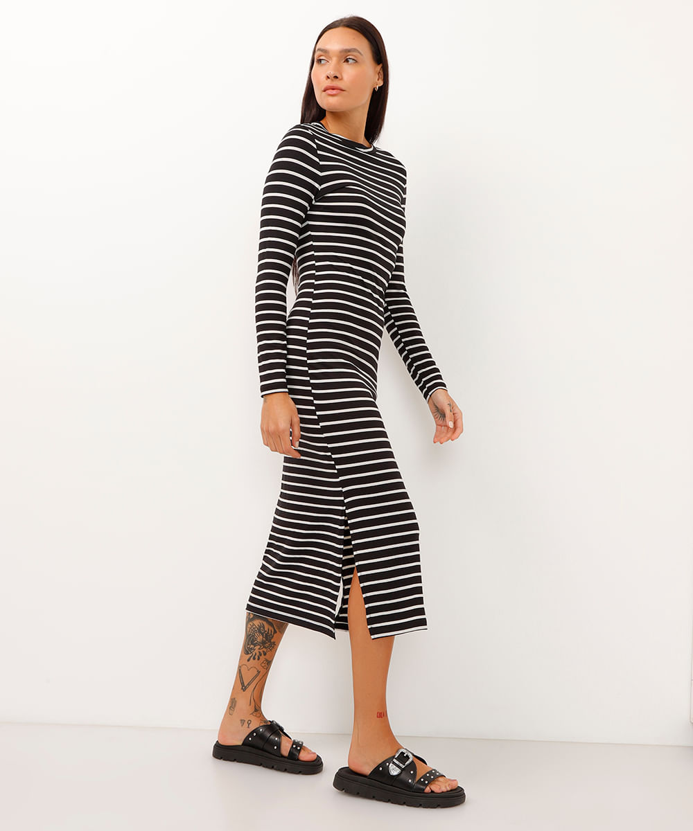 vestido de viscose midi com fenda listrado - preto