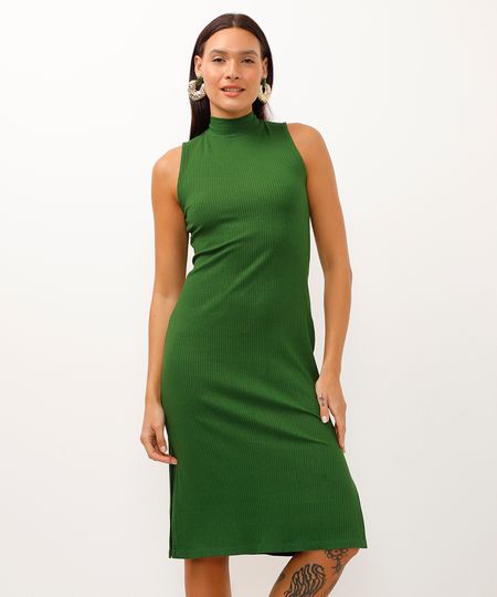 vestido midi de viscose canelado verde PP