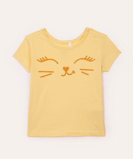 blusa de algodão infantil gatinha com brilho amarelo 1