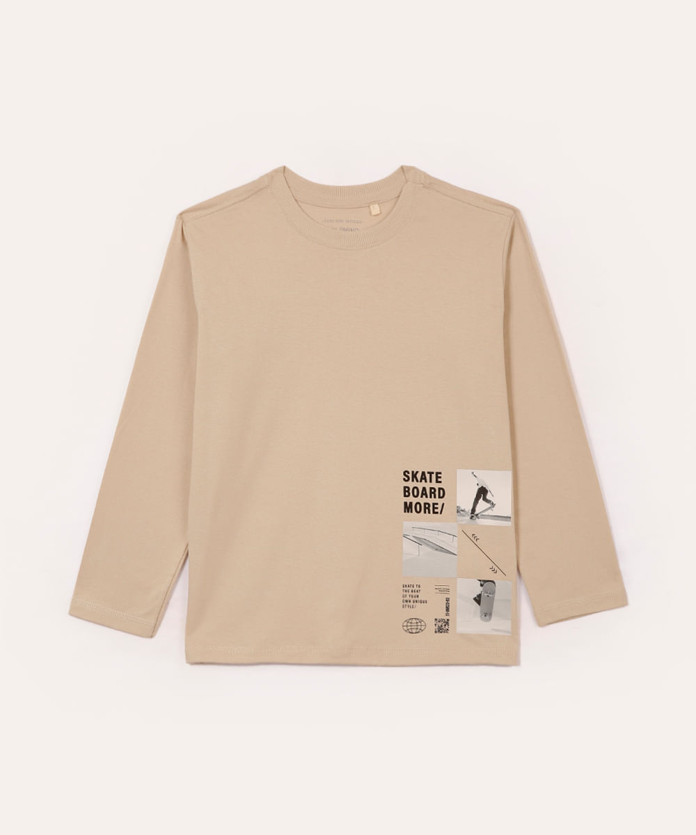 camiseta de algodão infantil skate manga longa bege