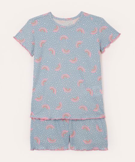 pijama infantil canelado poá e arco íris manga curta azul 6